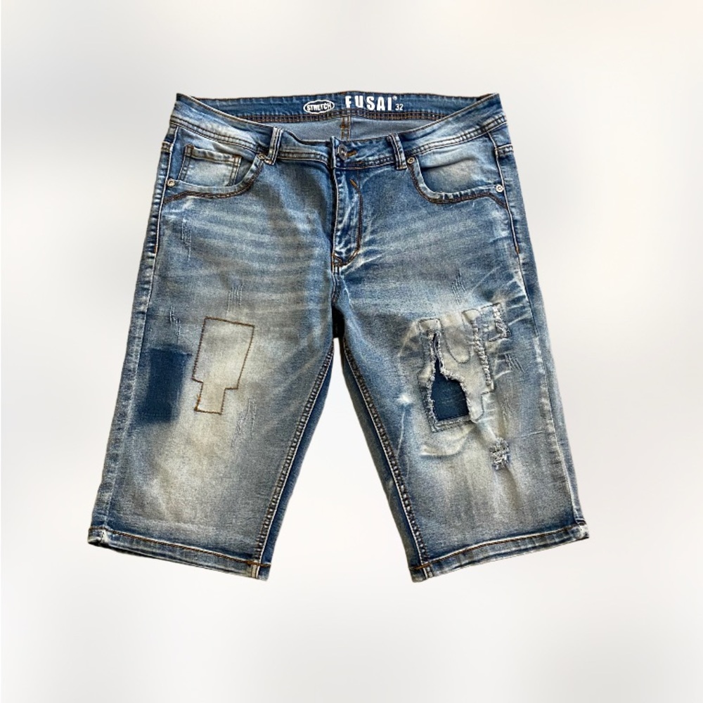 Fusai denim jean shorts stretch spandex distressed skinny mens 32